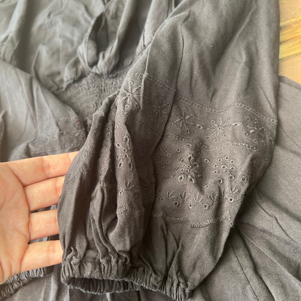 Old Navy Black Smocked Waist Midi Dress Women’s Size M Embroidered Hem - Picture 8 of 14